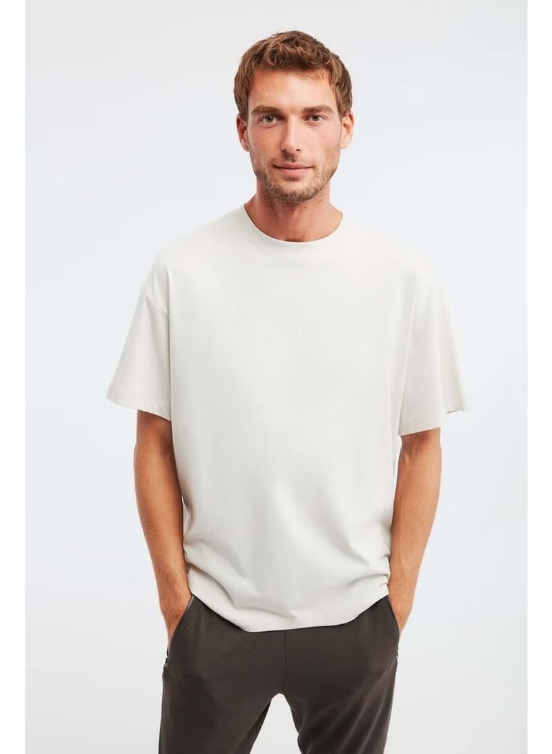 GRIMELANGE Jett Men's Oversize Fit 100% Cotton Thick Texture Stone Color T-shirt - Image 5